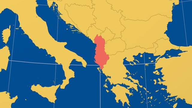 Albania on Globe. Animated zoom into the country in Ocean Blue Golden Yellow color palette. Albania logo animation. Map with meridians, parallels. Neat video.
