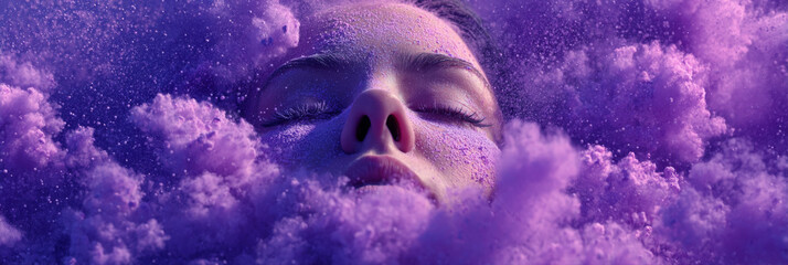 Woman’s head immersed in purple pigments, eyes closed. Epilepsy awareness,  support, inclusion during Purple Day initiatives