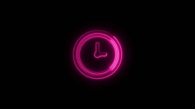 Glowing neon clock icon animation with modern time concept on dark background loop