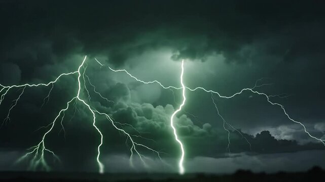 A dramatic depiction of a stormy sky with multiple lightning bolts illuminating the dark clouds