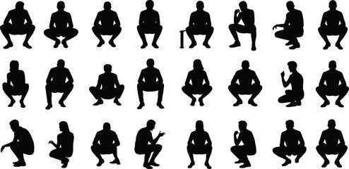 Diverse group of people in squatting poses in silhouette sitting © MdShahin