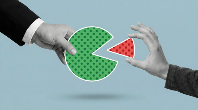Two hands holding a green polka dot pie chart and a separated red slice conveying negotiation collaboration and playful business exchange