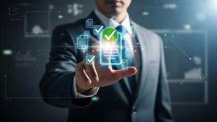 Businessman interacting with digital documents and checkmarks in modern office