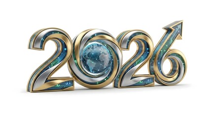 3D metallic number 2026 with digital circuit texture and globe inside zero,representing technology innovation,futuristic design and global digital transformation
