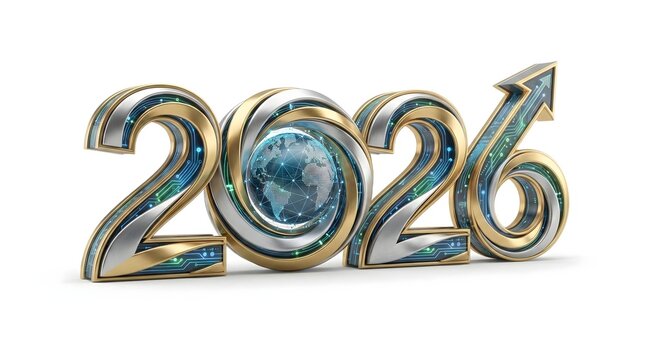 3D metallic number 2026 with digital circuit texture and globe inside zero,representing technology innovation,futuristic design and global digital transformation - Powered by Adobe