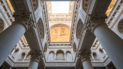 Obraz premium Worm's-eye view of decorative stone columns and ceiling in Hisham's Palace at Jericho
