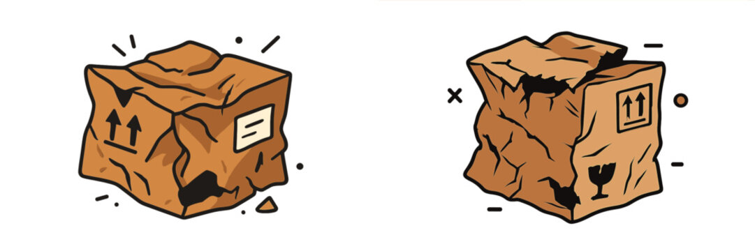 Crumpled cardboard boxes with delivery labels and damage marks