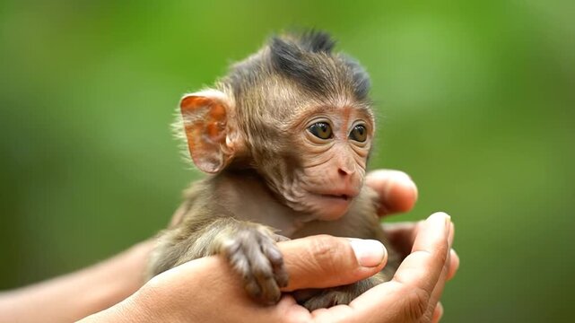 Close up of a baby monkey held gently in human hands blurred green background