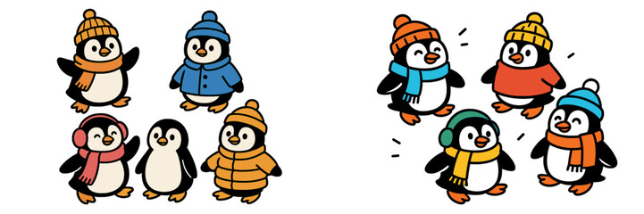 Fun winter activities with cheerful penguins in cozy attire