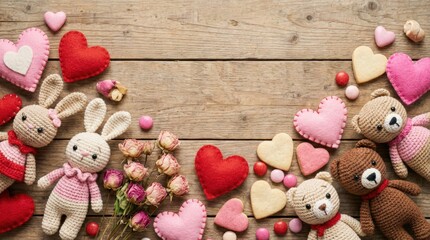 Creative crochet crafting event featuring adorable handcrafted toys and heart decor wooden table setting cozy atmosphere top-down view for a whimsical and heartfelt vibe