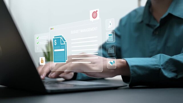 Budget planning and management concept, allocating expenses, savings toward investments and assets, tracking sales and operational earnings.