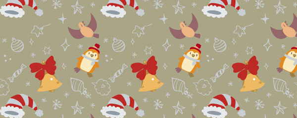 Horizontal vector wrapping paper design with a seamless Christmas pattern. Festive, bright, and cozy. Perfect for gift wrap, retail packaging, holiday branding, prints, and seasonal decorations.