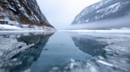 Tranquil icy lake between snow-capped mountains on a cloudy winter day