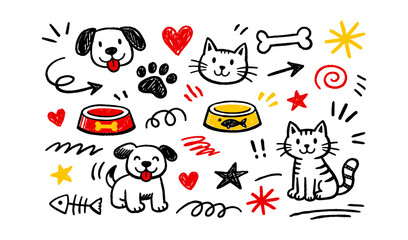 Fototapeta premium Cute hand-drawn doodle collection of pets, food bowls, and playful elements
