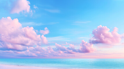 A serene and seascape during a soft sunrise or sunset. The vast sky is a beautiful canvas of light blue and pastel pink hues, with fluffy, scattered clouds ,turquoise ocean.