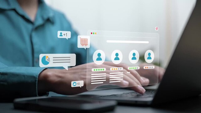 Digital rating concept, Customer centric review and rating system supports product review, User profiles for ratings and feedback on digital screen.