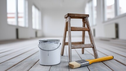 Wooden ladder and paint in bright renovated room