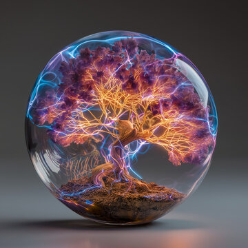 Futuristic bio-dome glass sphere containing illuminated tree representing advanced environmental preservation technology
