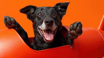 Happy black dog enjoying playtime in bright orange setting