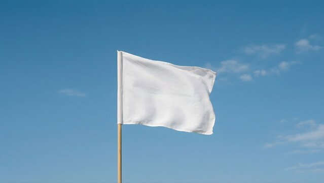 Peace, surrender, truce, white, flag, sky, freedom, signal, blue, hope. A plain white flag waving on a simple wooden pole against a clear blue sky with light clouds.