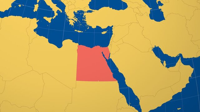 Egypt on Globe. Animated zoom into the country in Ocean Blue Golden Yellow color palette. Egypt logo animation. Map with meridians, parallels. Beautiful video.