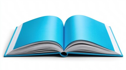 Bright blue open book with white pages on white background