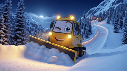 A cheerful cartoon snowplow truck clearing a snowy mountain road at night