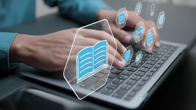 e-learning online education with icon technology on digital screen, knowledge library and online lessons.