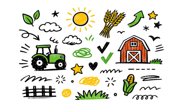 Doodle illustration of farm elements like a tractor, barn, and crops on a white background