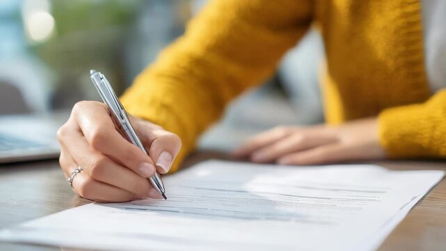 Close up of a person in a yellow sweater filling out important paperwork with a pen at a desk. The scene captures focus, attention to detail, and the process of completing official documents