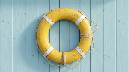 Yellow lifebuoy with weathered paint and coiled rope mounted on pale blue wooden planks evoking nostalgic seaside calm and safety