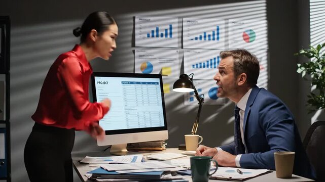 Businesswoman and executive discussing data on computer in office late at night with graphs in background, possibly for finance or marketing presentation