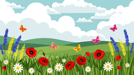 Vector illustration Vibrant spring meadow with poppies, daisies, lavender, and butterflies over green hills under a bright cloudy sky © PDWN Creative