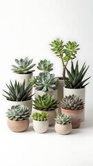 Obraz premium Stylish Assortment of Potted Succulents in Ceramic Pots on White Background – Minimalist Home Decor 