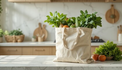 Sustainable shopping with reusable green cotton bag filled with organic produce. Zero waste lifestyle, eco-conscious consumer, environmentally friendly concept.