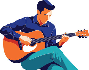 Young Man Playing Acoustic Guitar Sitting.