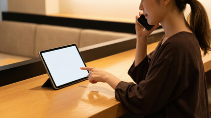 Young Asian woman talking on smartphone while tapping tablet screen on wooden counter with focused relaxed expression and casual ponytail hairstyle