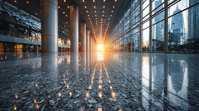 Low angle view of polished terrazzo floor in spacious empty modern office lobby with large glass windows and reflections of city outside.