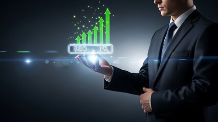 Businessman presenting SEO growth strategy with rising green arrows
