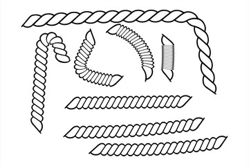 This black and white illustration displays various segments of twisted rope. The collection includes straight sections, curved segments, and corner pieces, all rendered in a line drawing style. The 