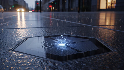A water droplet creates a ripple on a storm drain cover on a rainy city street at dusk