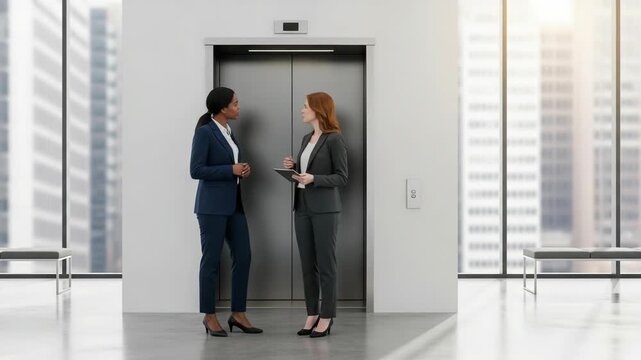 Two businesswomen in suits talking in front of an elevator in a modern office building lobby area