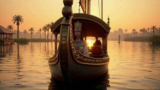 Egyptian queen standing on a golden ceremonial boat sailing the Nile at sunset, with palm trees, pyramids, and warm light symbolizing power, history, and royal heritage..