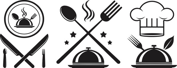 Black and white culinary icons featuring cloche, utensils, steam, stars, and chef hat designs for restaurant branding and hospitality identity