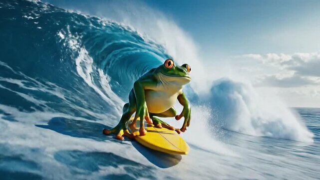 A frog expertly surfs a vibrant ocean wave