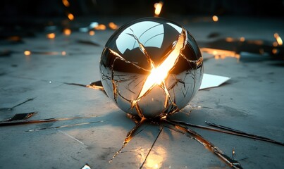 Abstract spherical object cracked with bright glowing light showing through