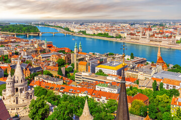 Aerial view of Budapest with Fisherman's Bastion, Danube River, Margaret Island and Hungarian parliament