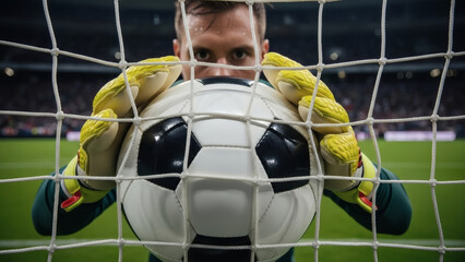 A soccer goalkeeper in a green uniform and yellow gloves holds a ball in front of a net on a stadium field.