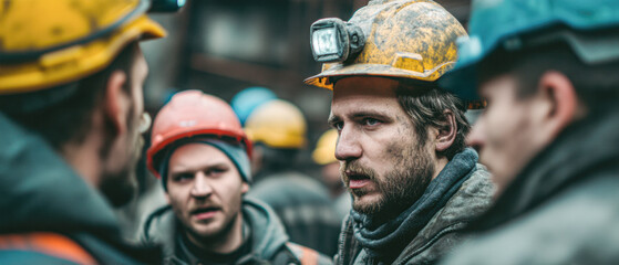 Miners engaged in a serious discussion, wearing safety helmets and gear, highlighting teamwork and the challenges of their profession.