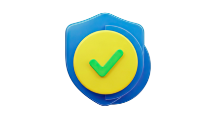 3D Icon of a Blue Shield with a Yellow Circle and Green Checkmark